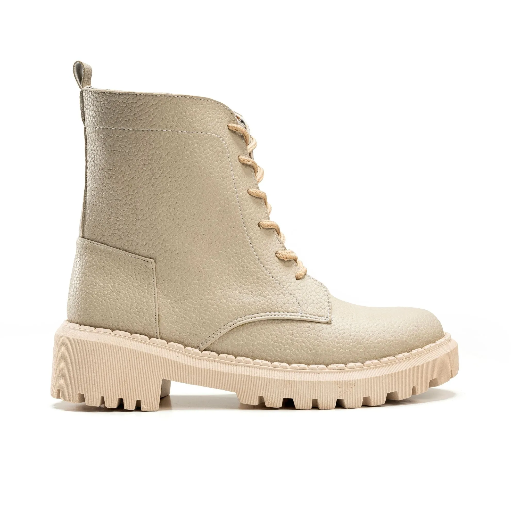 Textured Leather Combat Boot - Beige