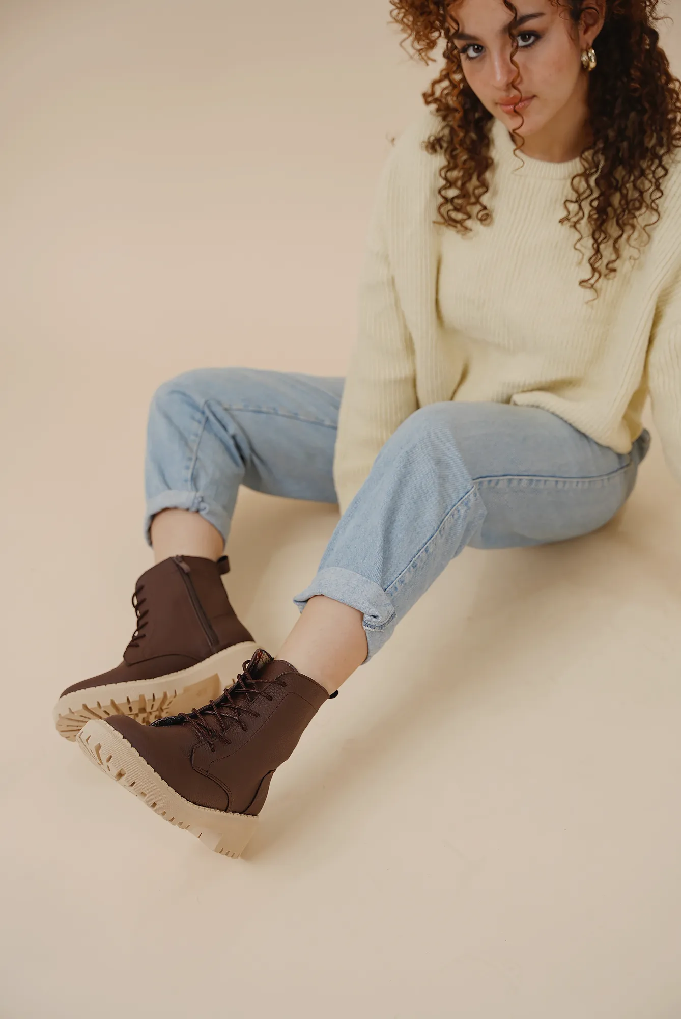 Textured Leather Combat Boot - Brown