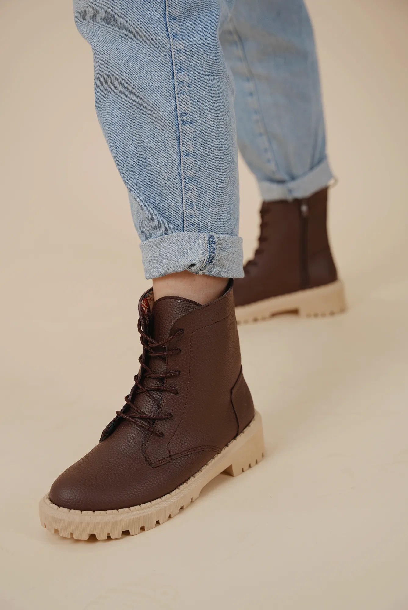 Textured Leather Combat Boot - Brown