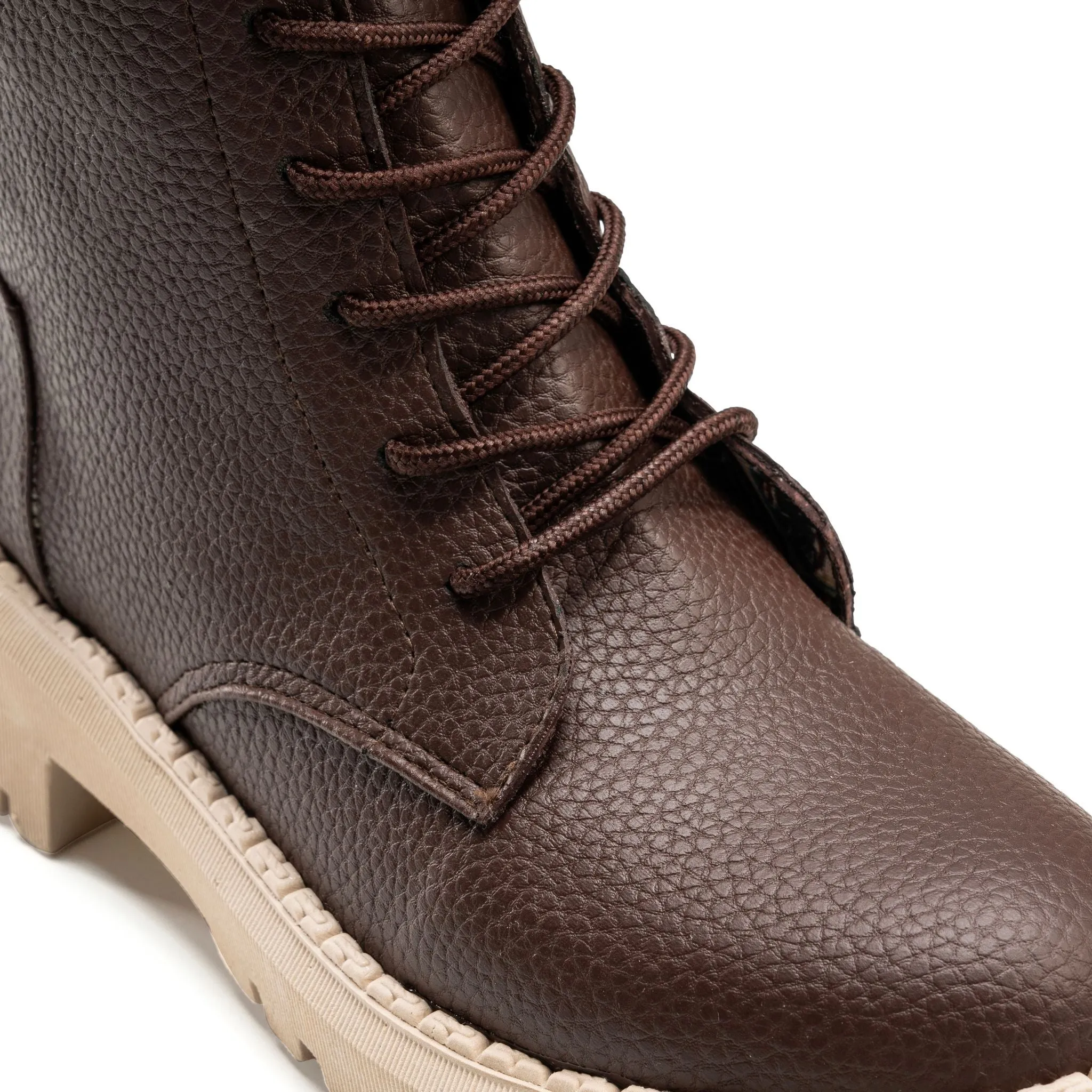 Textured Leather Combat Boot - Brown