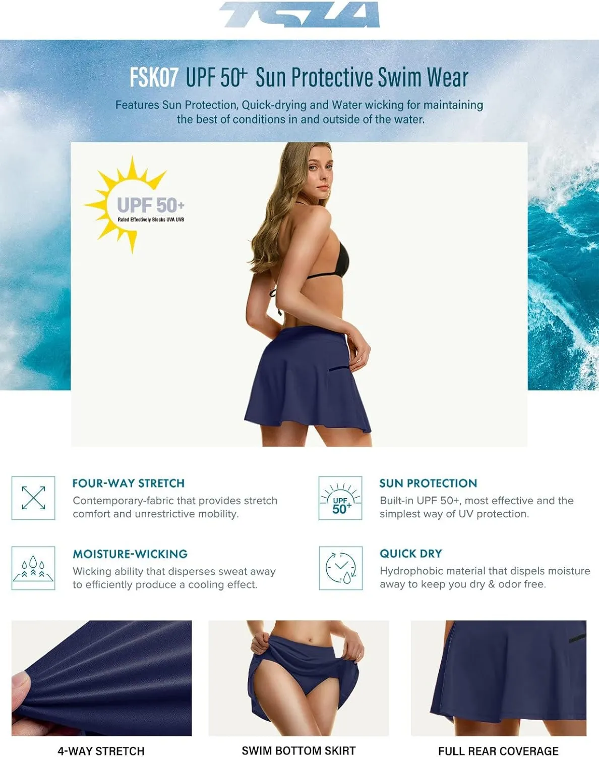 TSLA Women's UPF 50  Swim Skirt, Elastic Waistband Swimsuit Skort, Built-in Swimwear Bikini Bottom