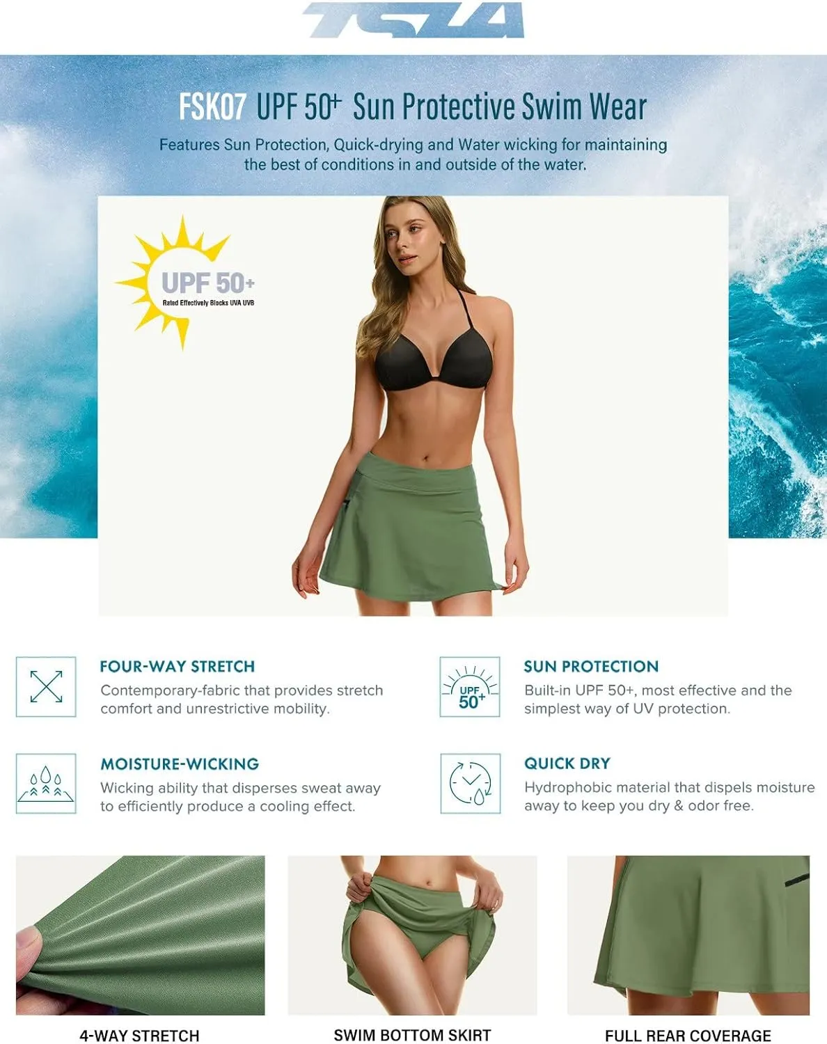 TSLA Women's UPF 50  Swim Skirt, Elastic Waistband Swimsuit Skort, Built-in Swimwear Bikini Bottom