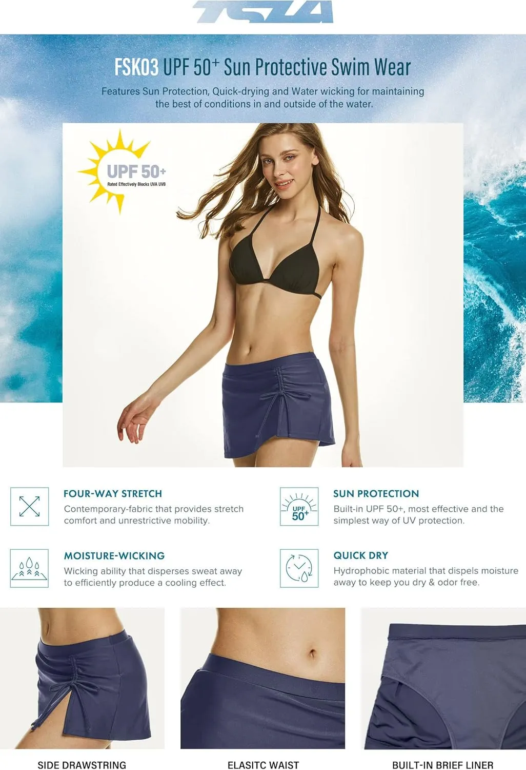 TSLA Women's UPF 50  Swim Skirt, Elastic Waistband Swimsuit Skort, Built-in Swimwear Bikini Bottom