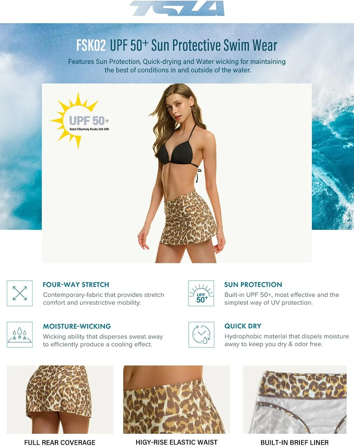 TSLA Women's UPF 50  Swim Skirt, Elastic Waistband Swimsuit Skort, Built-in Swimwear Bikini Bottom