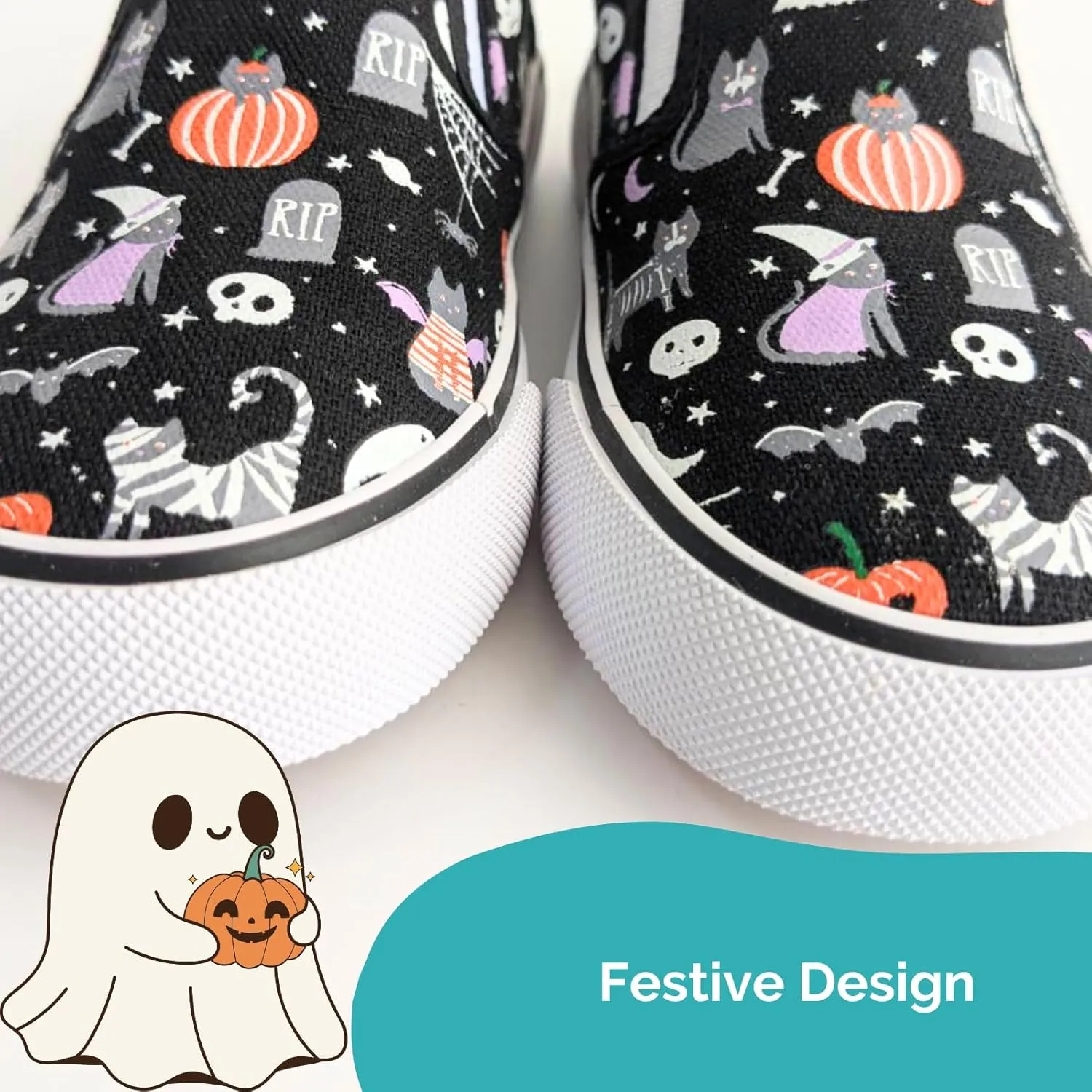 waddle wonder Toddler Halloween Low Top Slip-on Elastic No Lace School Walking Shoes Sneaker with Ghosts and Pumpkins Loafers