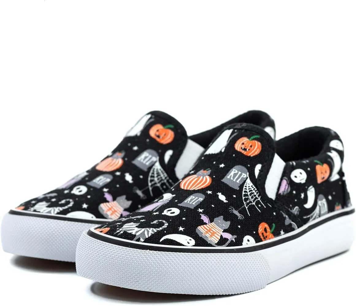 waddle wonder Toddler Halloween Low Top Slip-on Elastic No Lace School Walking Shoes Sneaker with Ghosts and Pumpkins Loafers