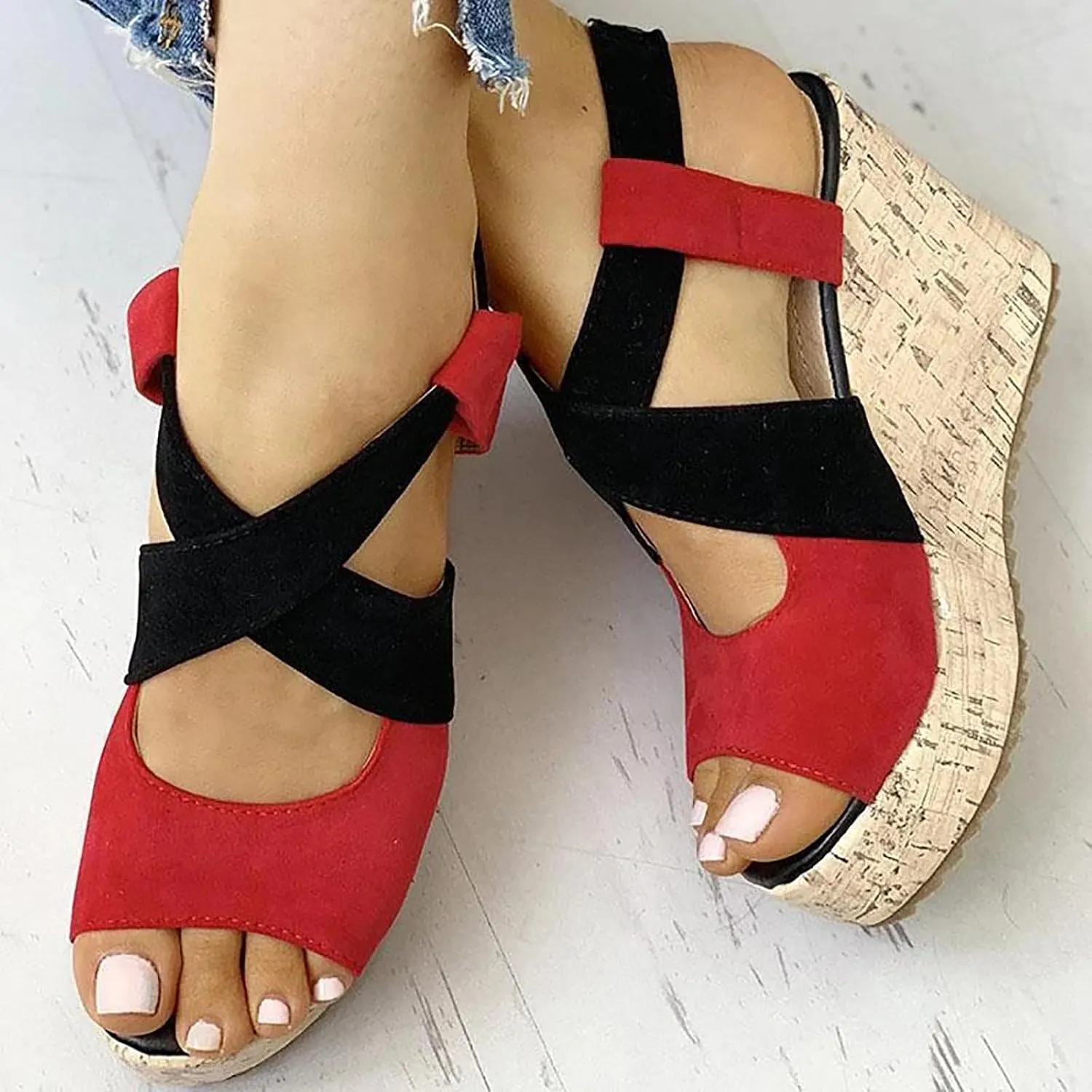 Wedge Sandal for Women Ankle Strap Flatform Arch Support Fish Mouth Toe Shoes Platform Espadrilles Chunky Non-Slip