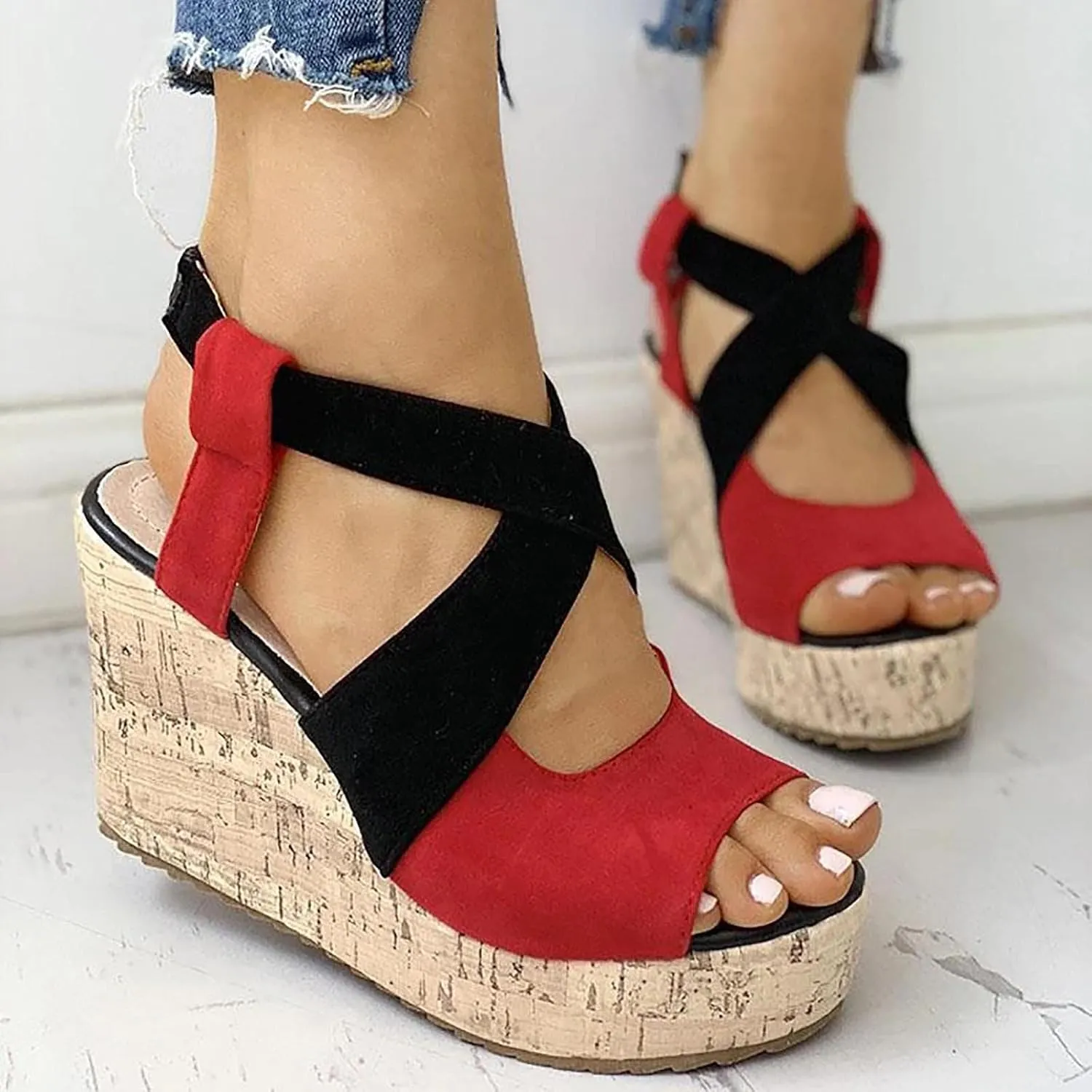 Wedge Sandal for Women Ankle Strap Flatform Arch Support Fish Mouth Toe Shoes Platform Espadrilles Chunky Non-Slip