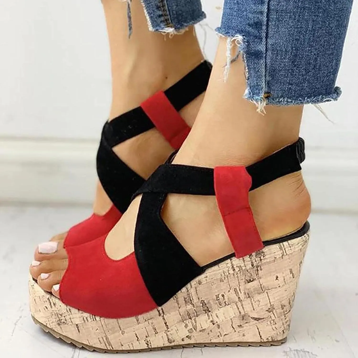 Wedge Sandal for Women Ankle Strap Flatform Arch Support Fish Mouth Toe Shoes Platform Espadrilles Chunky Non-Slip