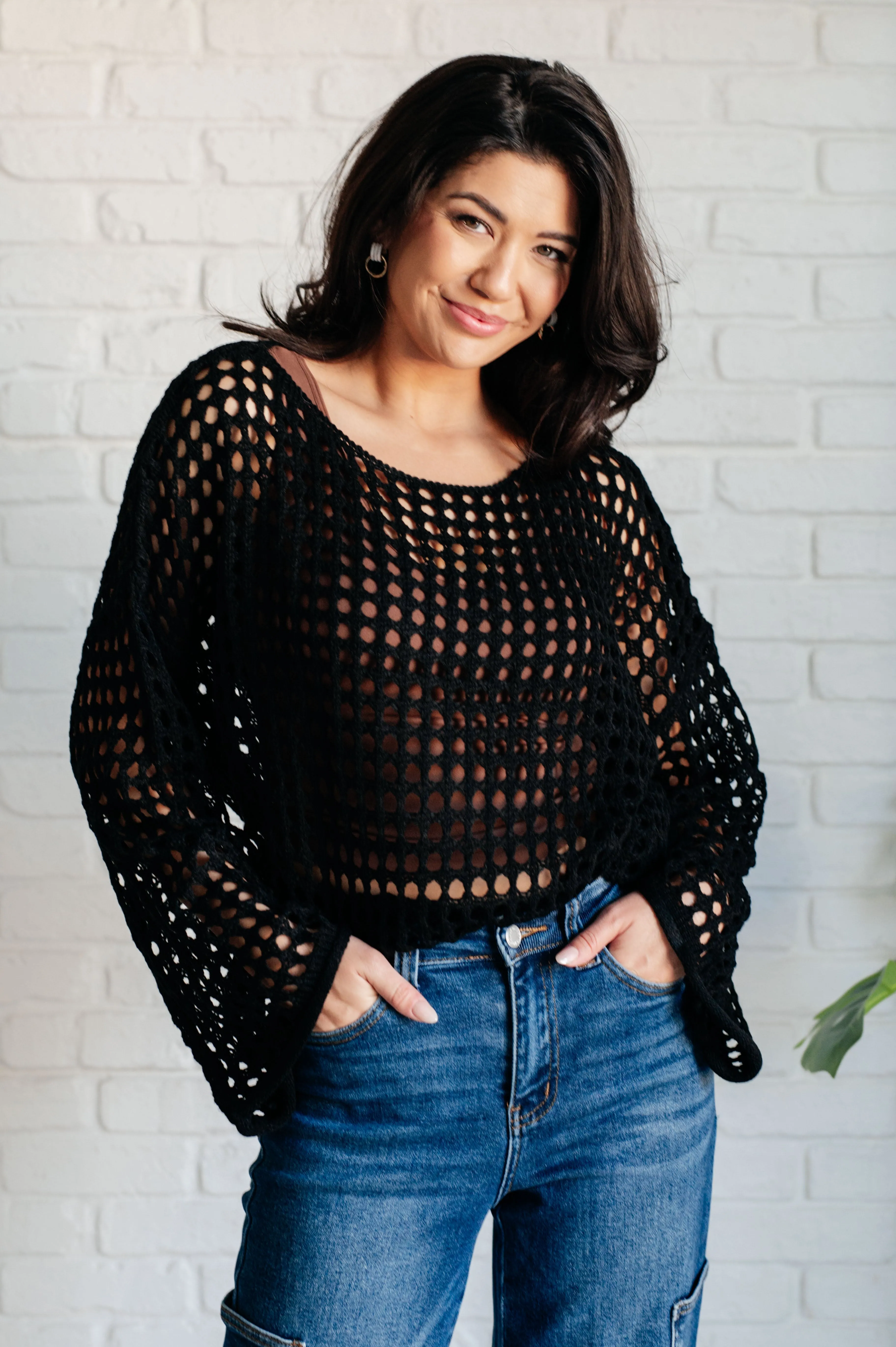 White Birch Ask Anyway Fishnet Sweater