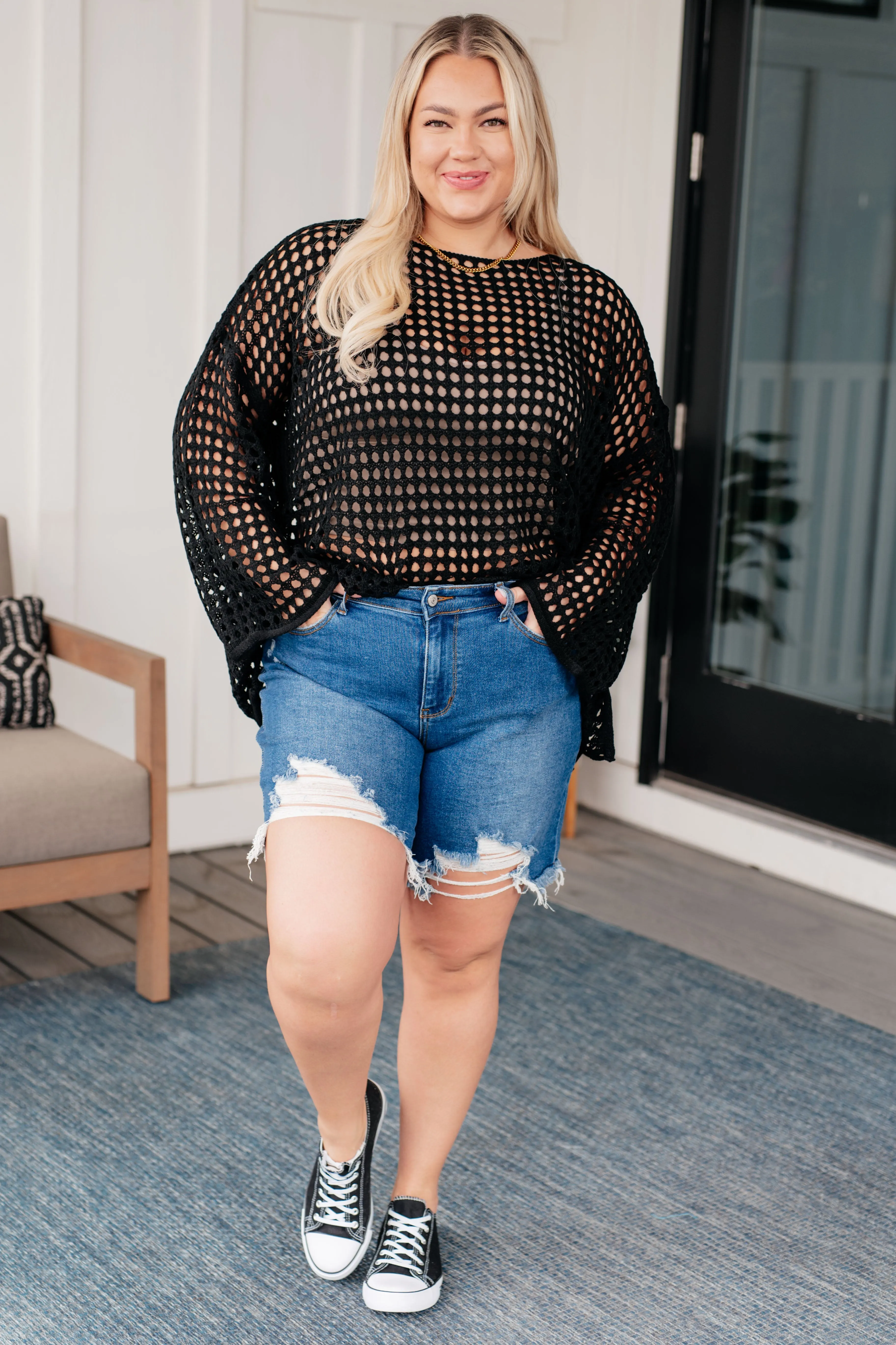 White Birch Ask Anyway Fishnet Sweater