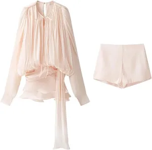 Women 2 Piece Set Solid Lace Up Pleated Shirt & Vintage Back Zipper Shorts Sets