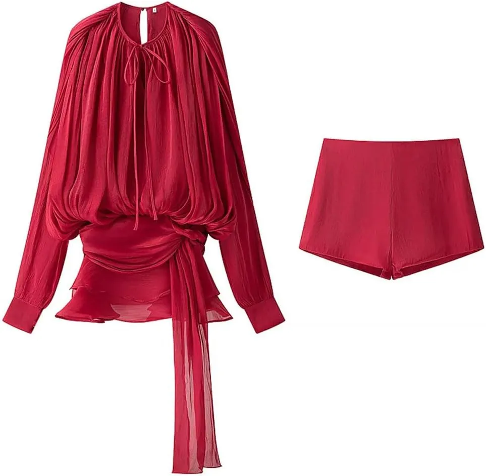 Women 2 Piece Set Solid Lace Up Pleated Shirt & Vintage Back Zipper Shorts Sets