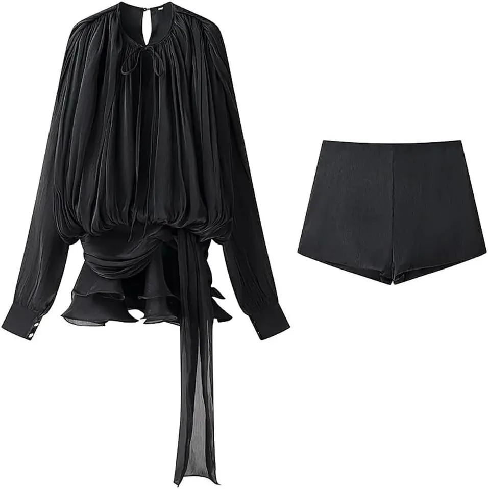 Women 2 Piece Set Solid Lace Up Pleated Shirt & Vintage Back Zipper Shorts Sets