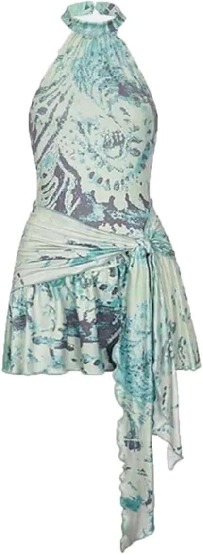 Women Crew Neck Print Mini Dress Irregular Belt Sleeveless Ruffles Hem Slim Party Dresses