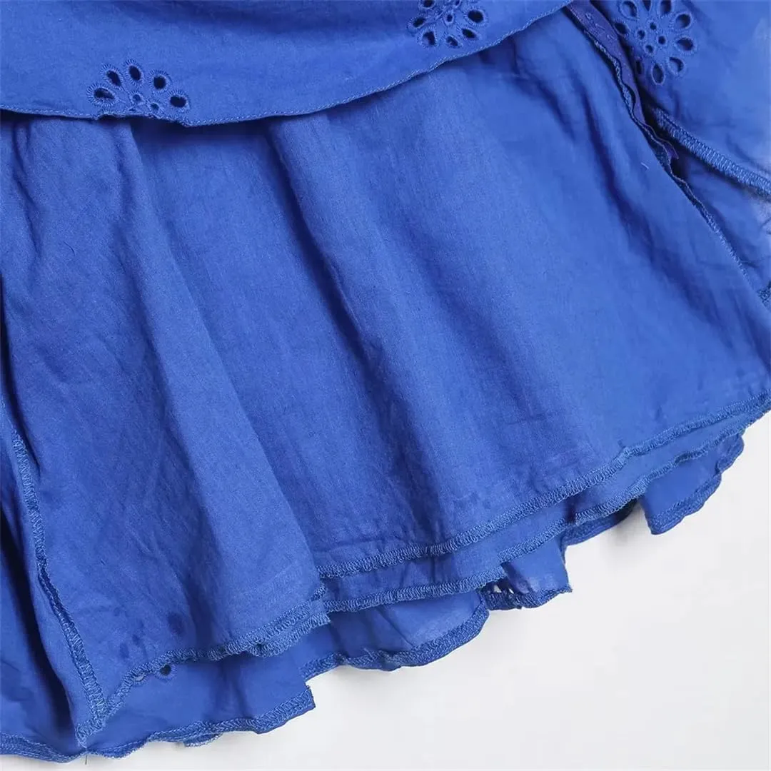 Women Embroidery V-Neck Mini Dress Vintage Sleeveless Hollow Out Ruffled Casual Dresses