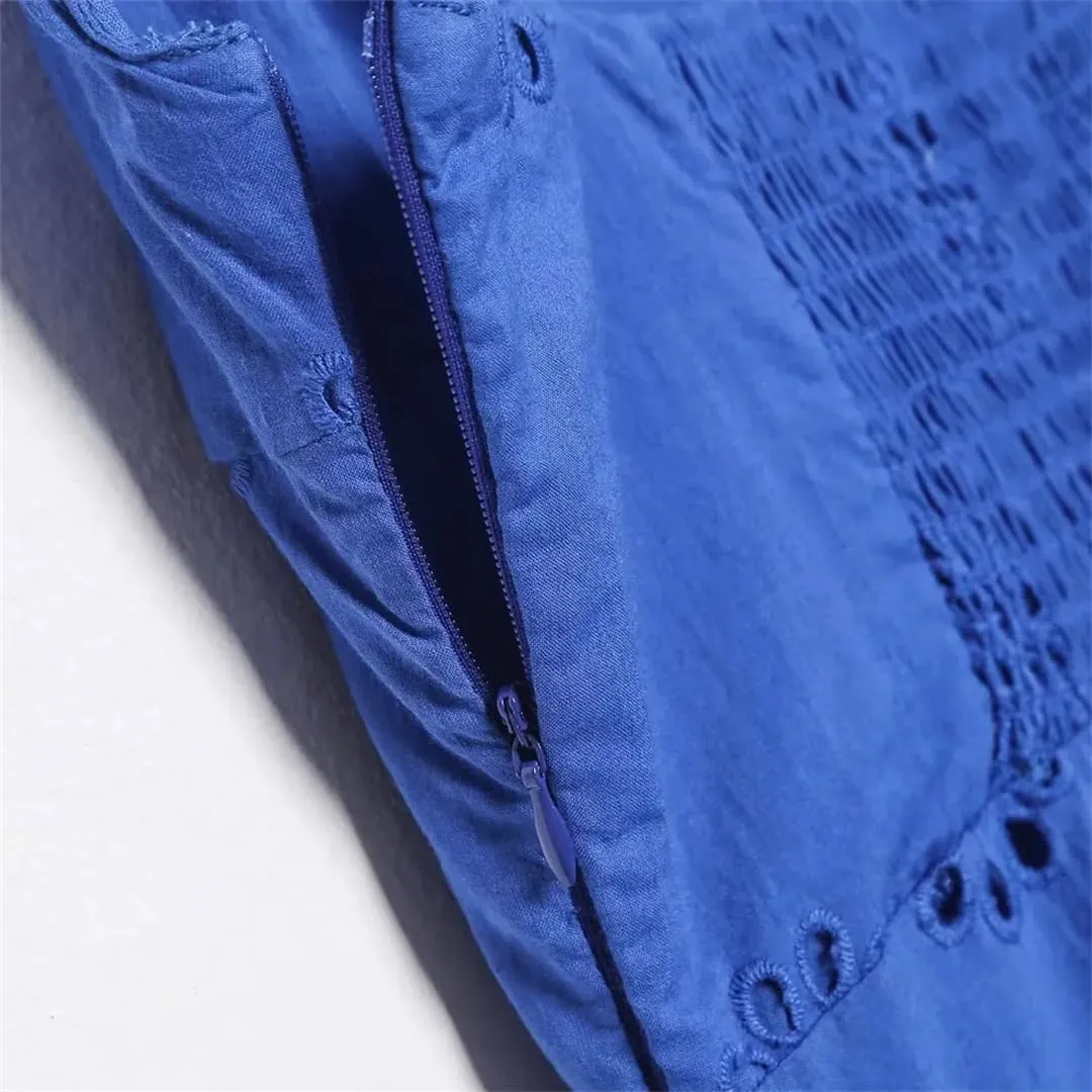 Women Embroidery V-Neck Mini Dress Vintage Sleeveless Hollow Out Ruffled Casual Dresses