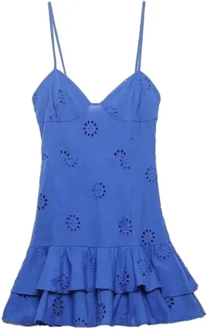 Women Embroidery V-Neck Mini Dress Vintage Sleeveless Hollow Out Ruffled Casual Dresses