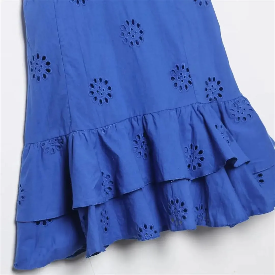 Women Embroidery V-Neck Mini Dress Vintage Sleeveless Hollow Out Ruffled Casual Dresses