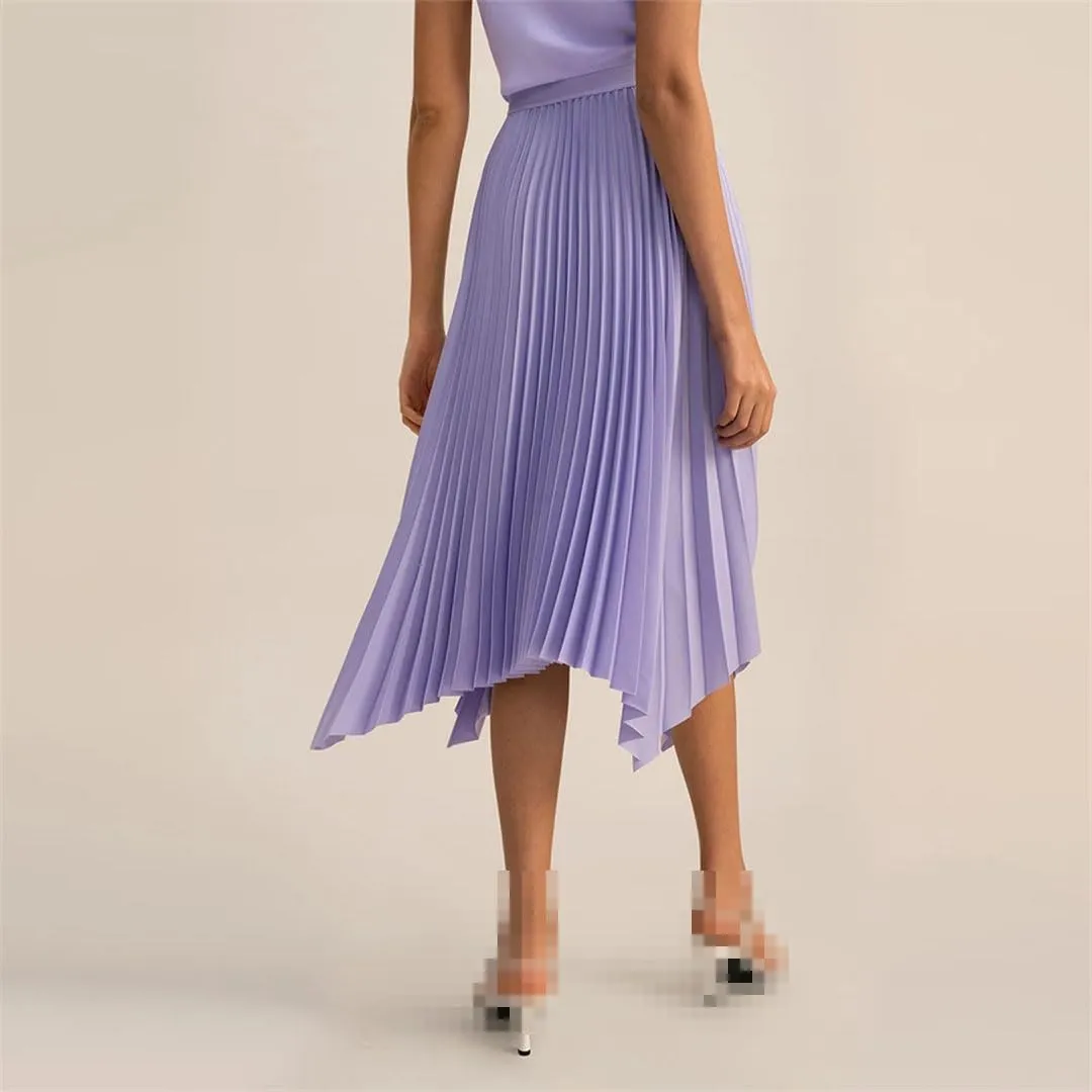 Women Spring Casual Silk Elastic Waist Bottom Pleated Midi Skirt