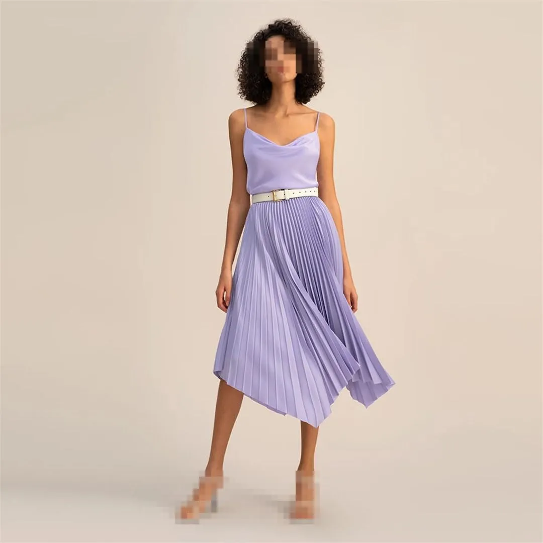 Women Spring Casual Silk Elastic Waist Bottom Pleated Midi Skirt