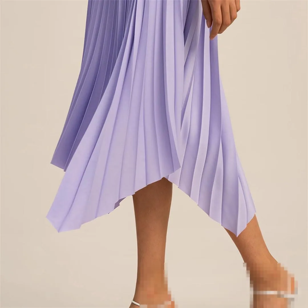 Women Spring Casual Silk Elastic Waist Bottom Pleated Midi Skirt
