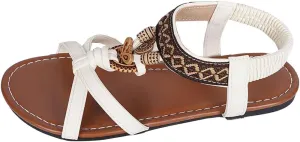 Women's Bohemian Leather Sandals Summer Flat Slide Beach Shoes Comfortable Arch Support Casual Ankle Strap