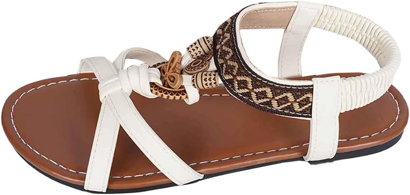 Women's Bohemian Leather Sandals Summer Flat Slide Beach Shoes Comfortable Arch Support Casual Ankle Strap