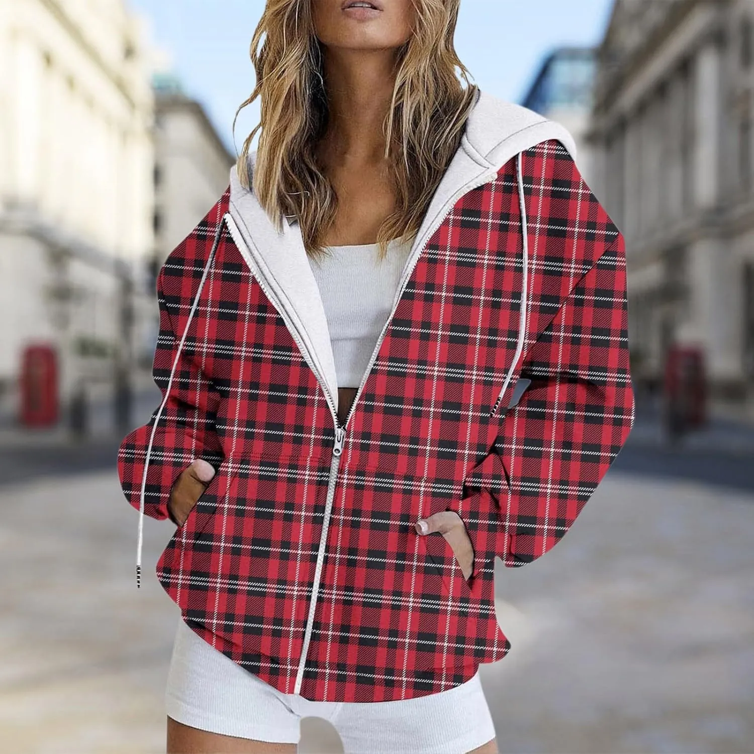 Women's Drawstring Long Sleeve Hoodies Zip Up Sweatshirt Full-Zip Fleece Hoodie Available In Large and Tall Sizes