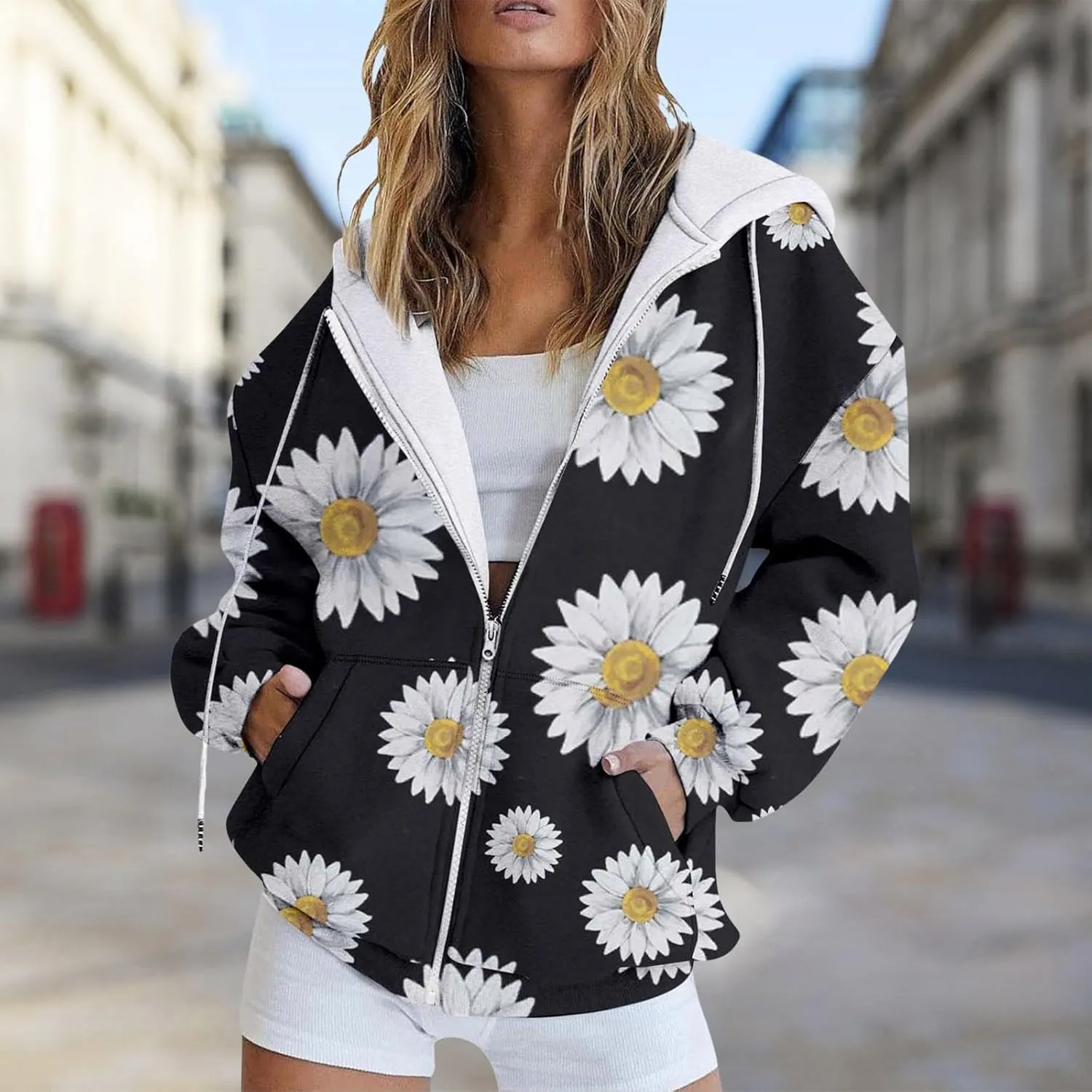 Women's Drawstring Long Sleeve Hoodies Zip Up Sweatshirt Full-Zip Fleece Hoodie Available In Large and Tall Sizes