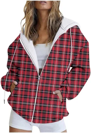 Women's Drawstring Long Sleeve Hoodies Zip Up Sweatshirt Full-Zip Fleece Hoodie Available In Large and Tall Sizes