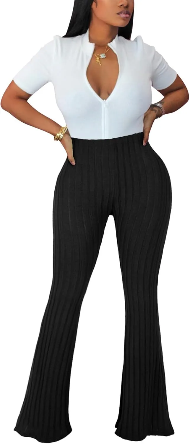 Women's Elastic High Waist Flare Pants Casual Bell Bottom Ribbed Knit Yoga Pants