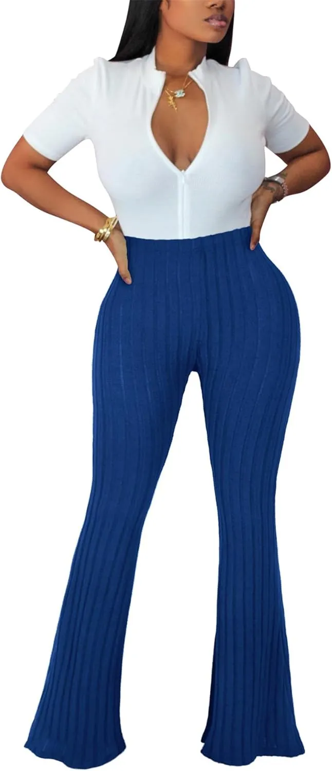 Women's Elastic High Waist Flare Pants Casual Bell Bottom Ribbed Knit Yoga Pants