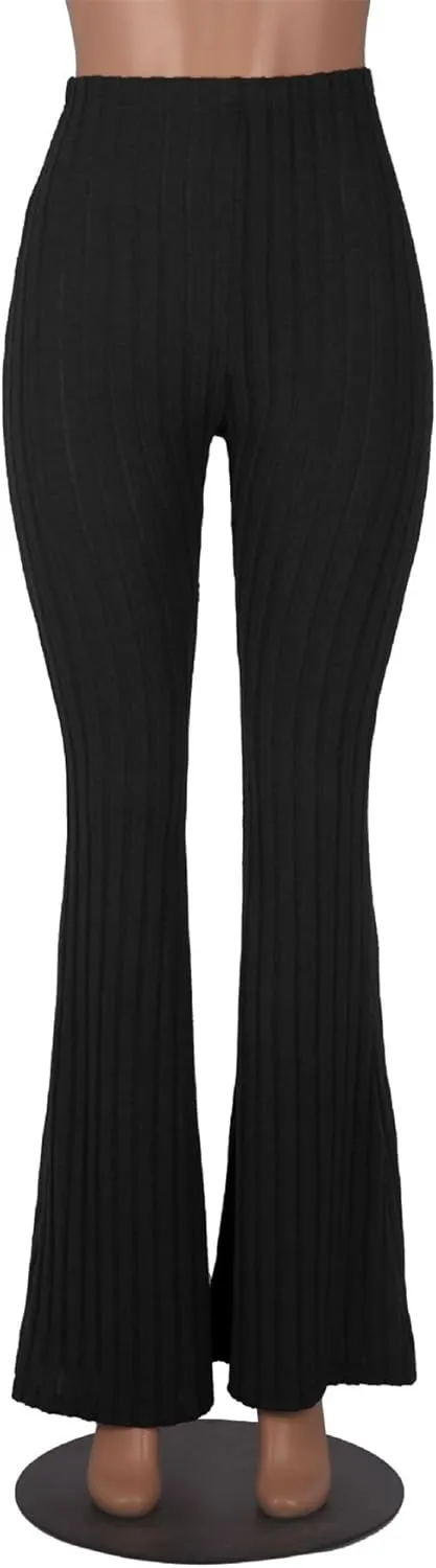 Women's Elastic High Waist Flare Pants Casual Bell Bottom Ribbed Knit Yoga Pants