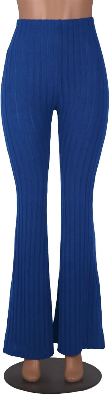Women's Elastic High Waist Flare Pants Casual Bell Bottom Ribbed Knit Yoga Pants