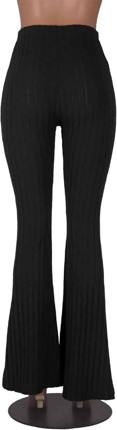 Women's Elastic High Waist Flare Pants Casual Bell Bottom Ribbed Knit Yoga Pants
