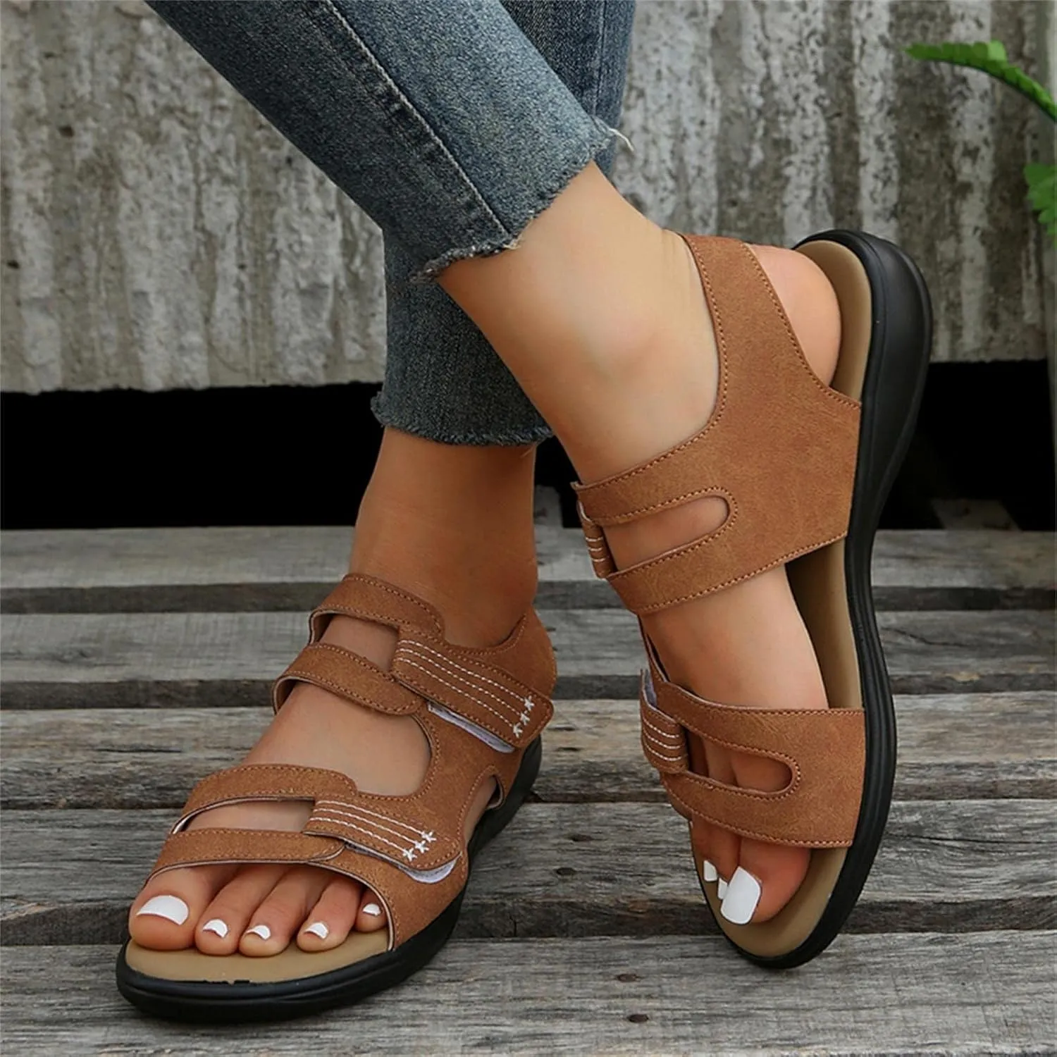 Women's Flat Sandals Leopard Print Double Buckle Strap Sandals for Summer Dress Casual Wide Feet Comfort Thong Summer Non Slip Slip on Outdoor T-Strap Arch Support Water Non size fuzzy H14-Yellow