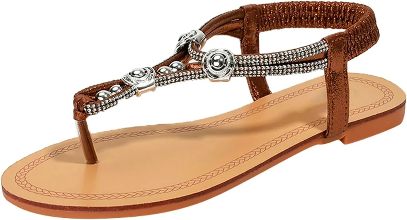 Womens Flip Flops Summer Bohemian Sandals Travel Beach Sandals Elastic Ankle Strap Dressy Sandal Outdoor Vacation Shoes