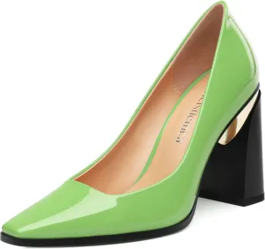 Womens High Heels,Patent Closed Square Toe Slip on Chunky Block Pumps,Elegant Heels,Daily Wedding Party Dress Shoes 3.5IN
