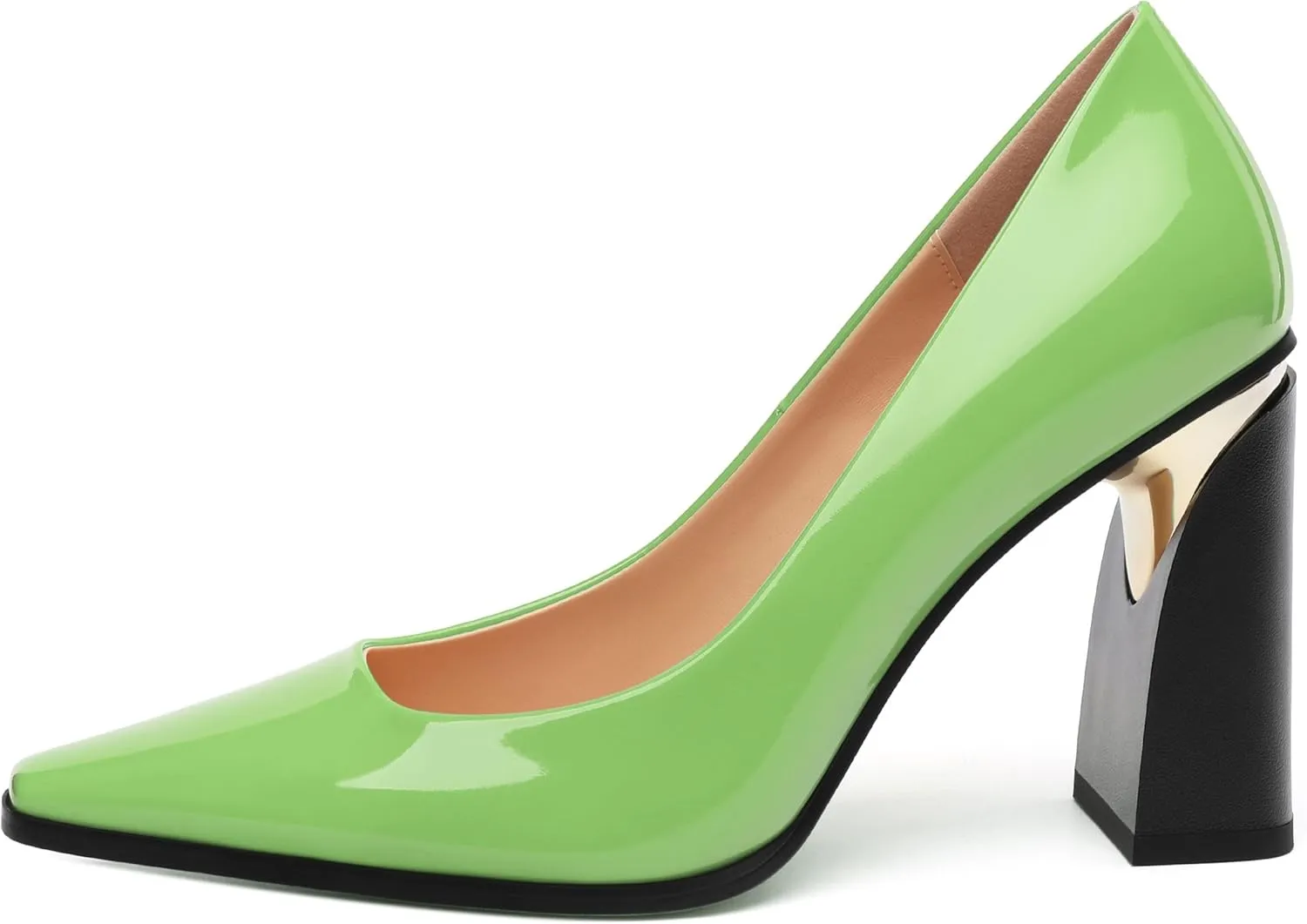 Womens High Heels,Patent Closed Square Toe Slip on Chunky Block Pumps,Elegant Heels,Daily Wedding Party Dress Shoes 3.5IN
