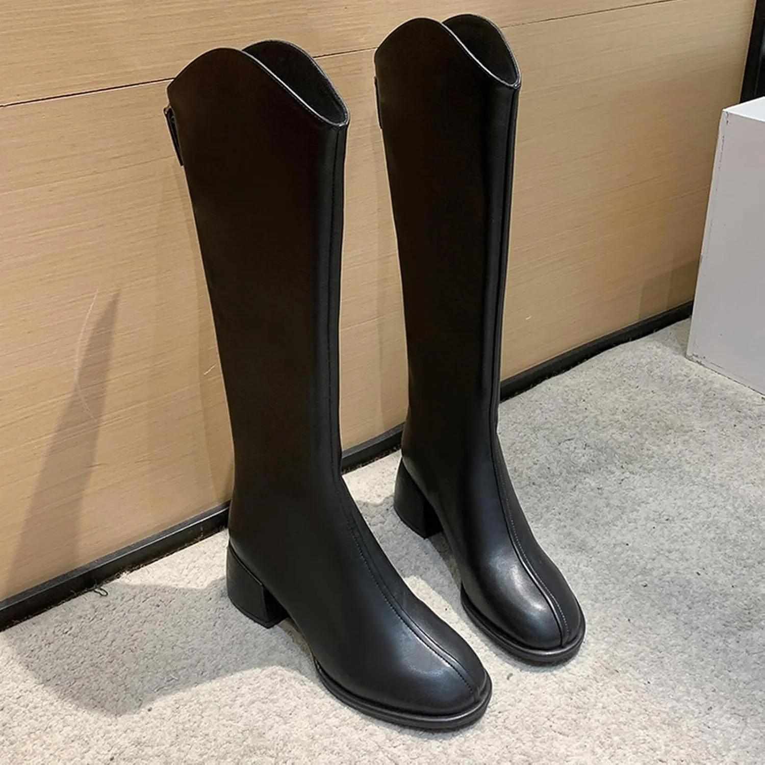Women's Knee High Boots Chunky Block Heel Square Toe Tall Riding Boots Back Zipper Fashion PU Slim Fit Leg Booties