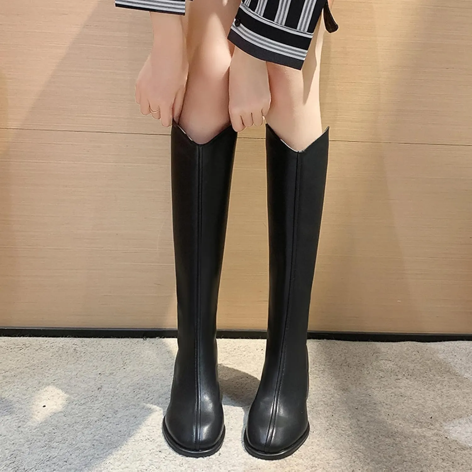 Women's Knee High Boots Chunky Block Heel Square Toe Tall Riding Boots Back Zipper Fashion PU Slim Fit Leg Booties