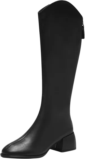 Women's Knee High Boots Chunky Block Heel Square Toe Tall Riding Boots Back Zipper Fashion PU Slim Fit Leg Booties