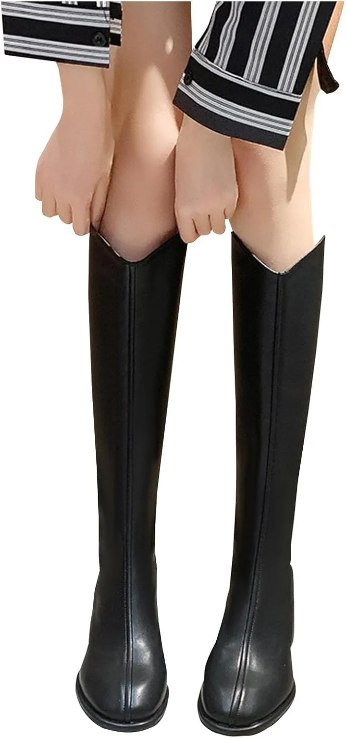 Women's Knee High Boots Chunky Block Heel Square Toe Tall Riding Boots Back Zipper Fashion PU Slim Fit Leg Booties