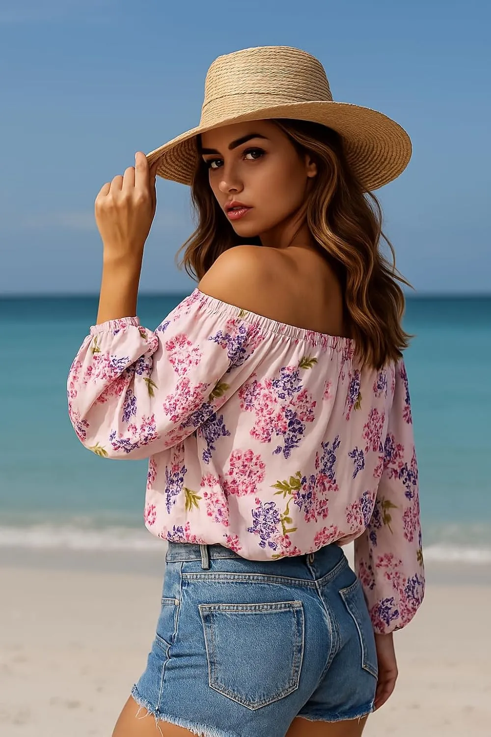 Women's Off-Shoulder Floral Blouse  Lightweight, Breathable & Quick-Dry, Chic Boho Long Sleeve Top for Spring/Summer