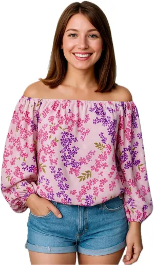 Women's Off-Shoulder Floral Blouse  Lightweight, Breathable & Quick-Dry, Chic Boho Long Sleeve Top for Spring/Summer