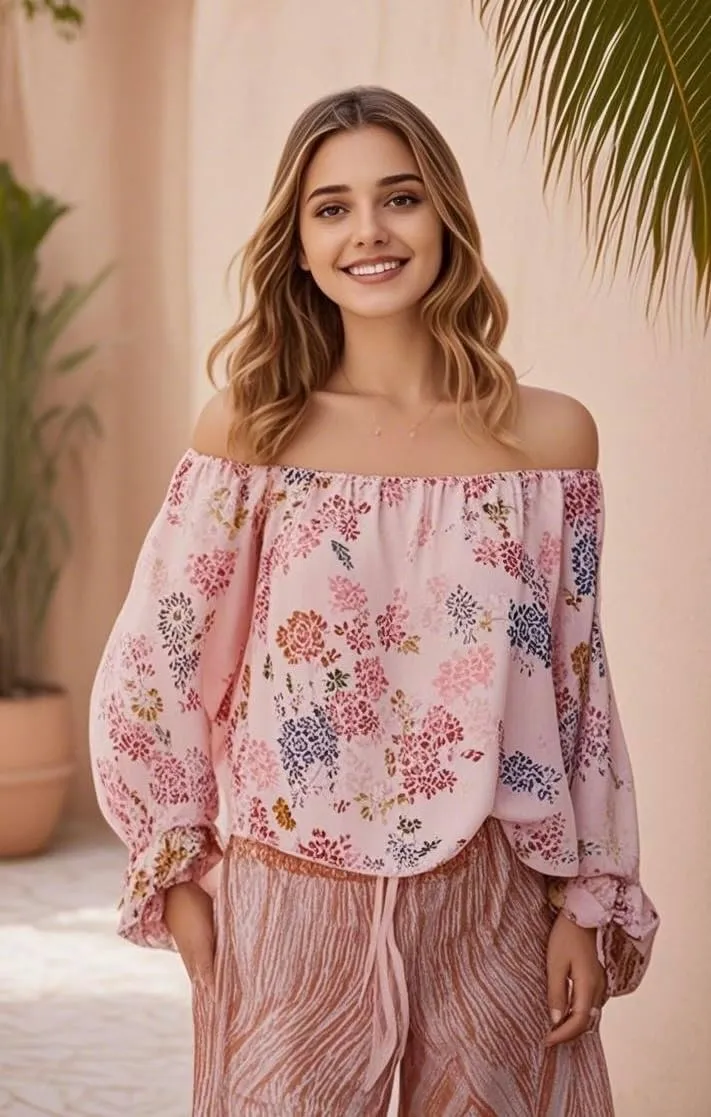 Women's Off-Shoulder Floral Blouse  Lightweight, Breathable & Quick-Dry, Chic Boho Long Sleeve Top for Spring/Summer