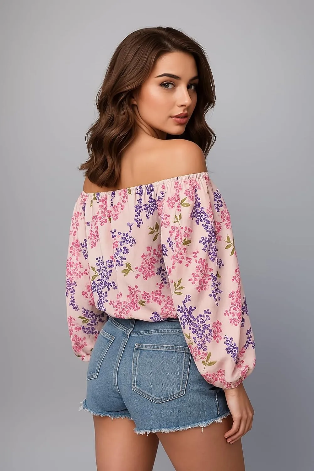 Women's Off-Shoulder Floral Blouse  Lightweight, Breathable & Quick-Dry, Chic Boho Long Sleeve Top for Spring/Summer