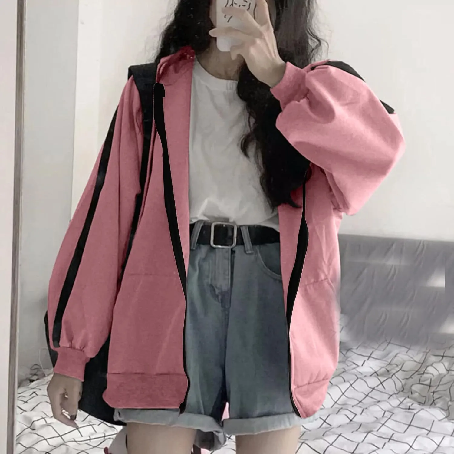 Womens Oversized Hoodie Zip Up Jackets Plus Size Y2K Cute Grunge Aesthetic Baggy Hoodies for Teen Girls