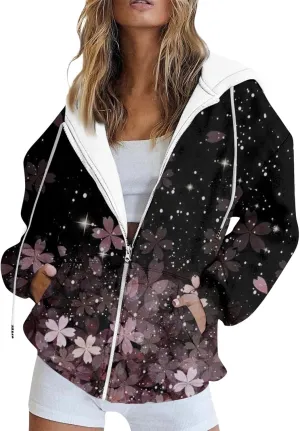 Women's Trendy Floral Printing Jacket Zip Up Hoodies Lightweight Long Sleeve Coat Fall Fashion Outfits with Pockets